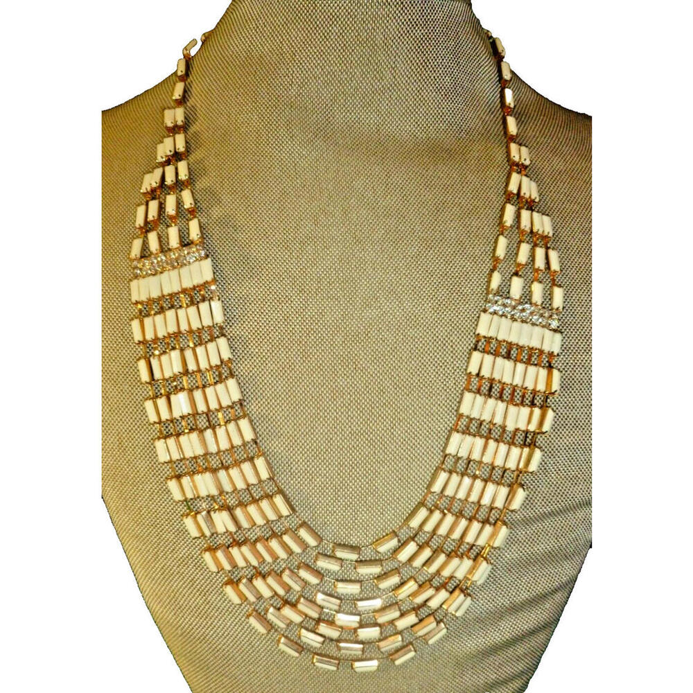 Vintage Bib‎ Collar  Egyptian revival White & Clear Rhinestone Necklace 17"